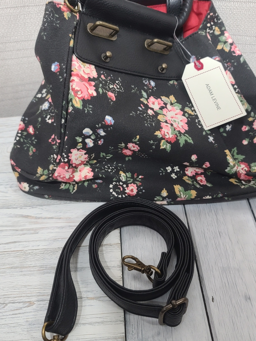 Adam Levine Collection Black Floral Tote with Pink Roses - Picture 13 of 16